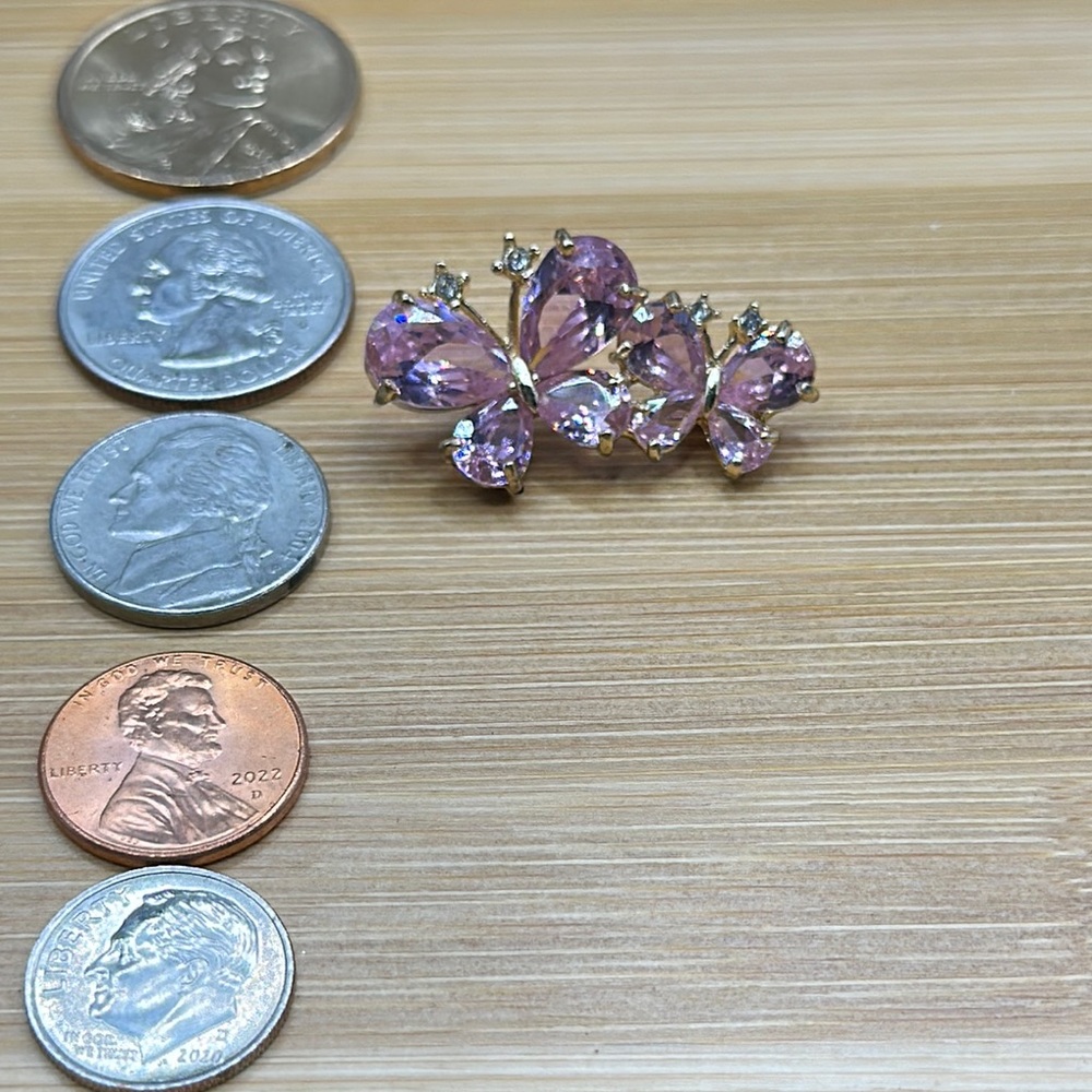 Pink and Gold Floral Brooch with Glass and Crystals 1 1/4” by 3/4” - Picture 1 of 3
